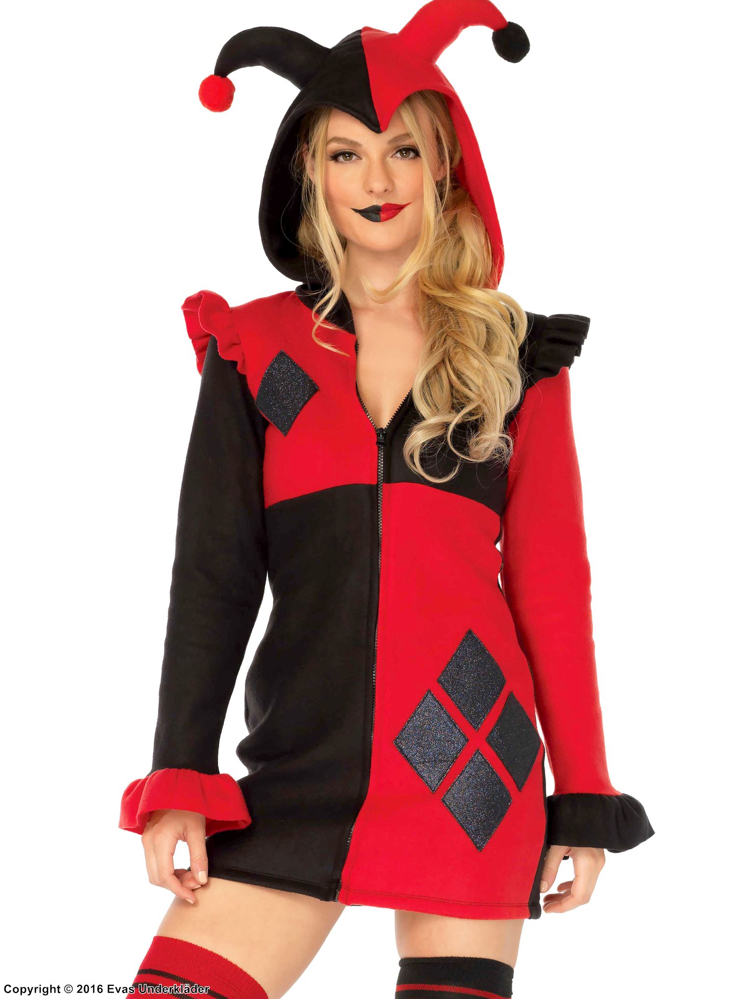 Female harlequin, costume dress, ruffles, front zipper, horns